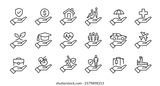 Collection of insurance icon illustrate with people hand, shield, insurance service, safety and accident protection. Flat vector illustration, isolated on white background. Editable stroke.