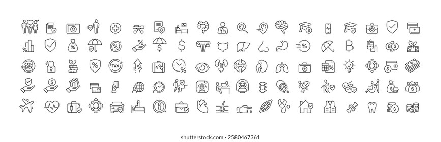Collection of insurance icon illustrate with people, shield, insurance service, safety and accident protection. Flat vector illustration, isolated on white background. Editable stroke.
