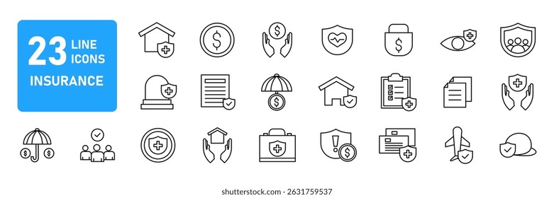 A collection of Insurance icons in line style. Insurance and assurance icons for web and mobile app. Protection of health, life, property, car, home, travel insurance icons and more isolated on white