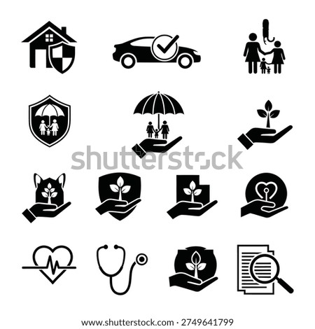 Collection of insurance icons representing different types of coverage and protection.