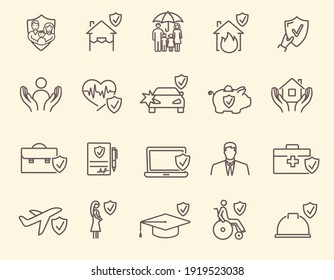 Collection of insurance icons, risk, help, service, care, life, property, health insurance. Set of outline vector illustrations isolated on white background