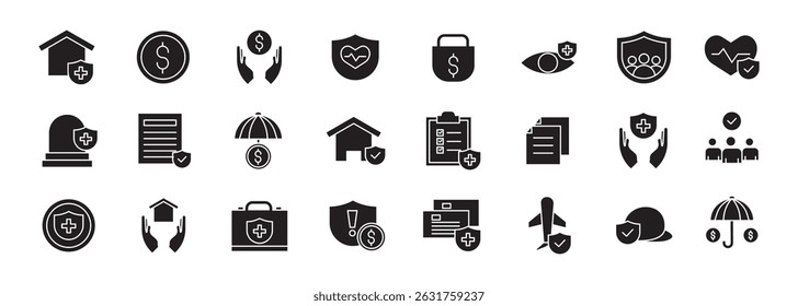 A collection of Insurance icons in solid style. Insurance and assurance icons for web and mobile app. Protection of health, life, property, car, home, travel insurance icons and more isolated on white