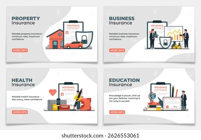 Collection of insurance landing page template. Property, business, heath, education insurance service web banner set. Security and protection of property and life from damage. Flat vector illustration