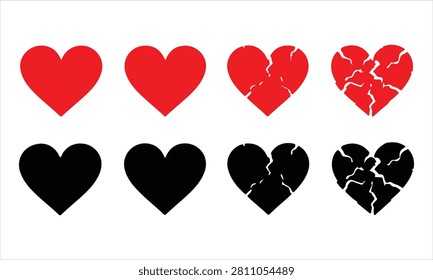 Collection of intact and broken red and black heart shapes with fractured emotions feelings