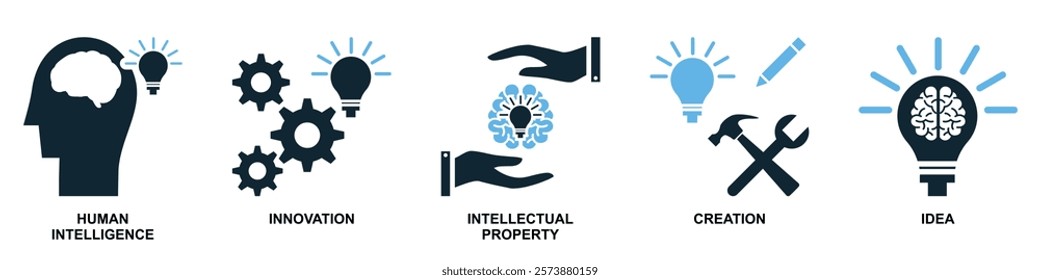 Collection of intellect property icons in vector format showcasing symbols like brain, light bulb, gears and patents. Ideal for education, innovation and intellectual themes.