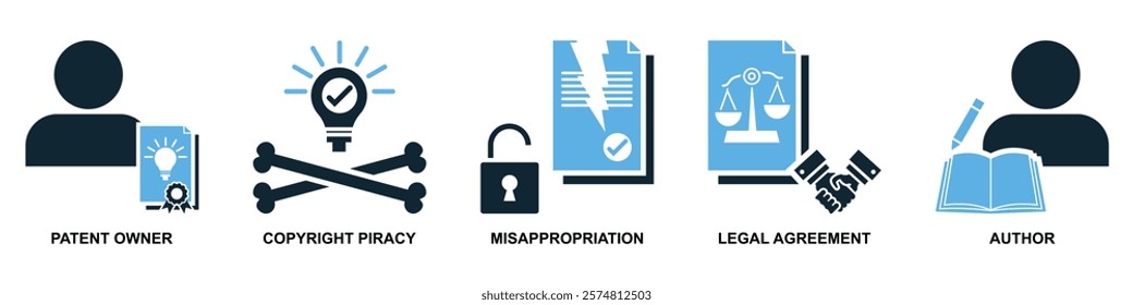 Collection of intellect property icons in vector format showcasing symbols like brain, light bulb, gears and patents. Ideal for education, innovation and intellectual themes.