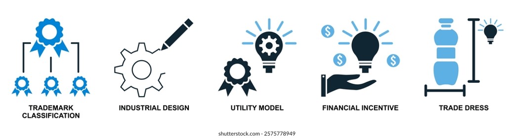 Collection of intellect property icons in vector format showcasing symbols like brain, light bulb, gears and patents. Ideal for education, innovation and intellectual themes.