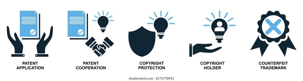 Collection of intellect property icons in vector format showcasing symbols like brain, light bulb, gears and patents. Ideal for education, innovation and intellectual themes.