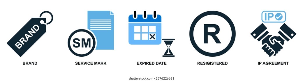 Collection of intellect property icons in vector format showcasing symbols like brain, light bulb, gears and patents. Ideal for education, innovation and intellectual themes.