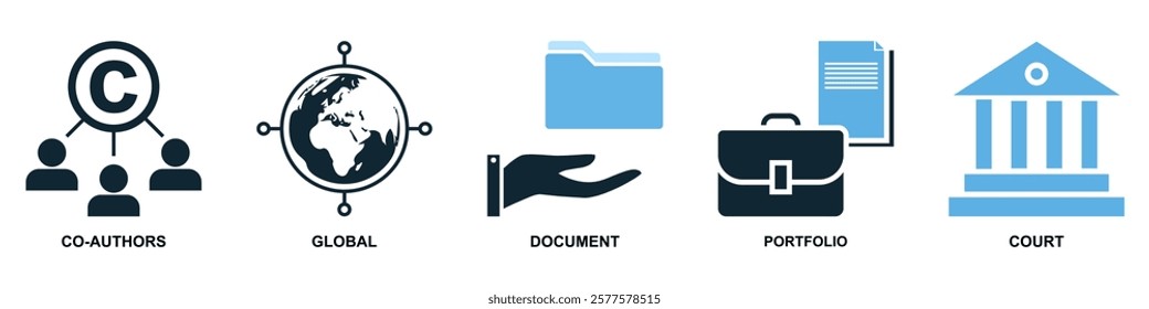 Collection of intellect property icons in vector format showcasing symbols like brain, light bulb, gears and patents. Ideal for education, innovation and intellectual themes.