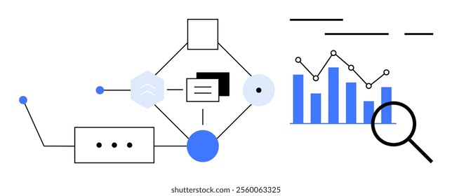 A collection of interconnected geometric shapes and lines, graphs, bar charts, and a magnifying glass. Ideal for data analysis, infographics, business reports, technology presentations, information