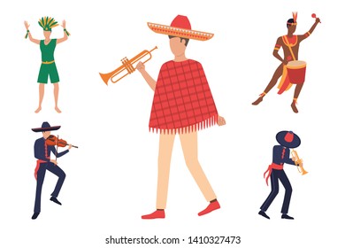 Collection of intercultural performers. Group of creative carnival people playing musical instruments. Vector illustration for traveling video, advertisement, brochure