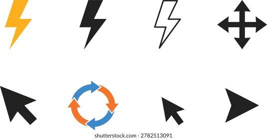 Collection of interface icons featuring lightning bolts cursor arrows move symbol and circular refresh cycle for digital application design