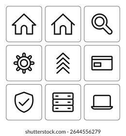 Collection of Interface Icons home, search, settings, arrow up, credit card, shield, database, laptop for Web and Mobile Applications