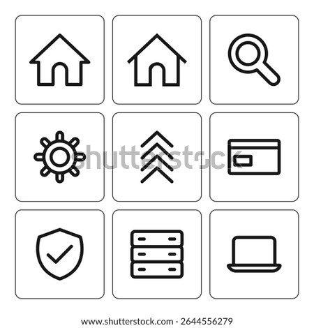 Collection of Interface Icons home, search, settings, arrow up, credit card, shield, database, laptop for Web and Mobile Applications