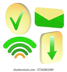 Sammlung von Schnittstellensymbolen, einschließlich Häkchen, E-Mail, Signal und Download, die digitale Kommunikation und Konnektivität darstellen