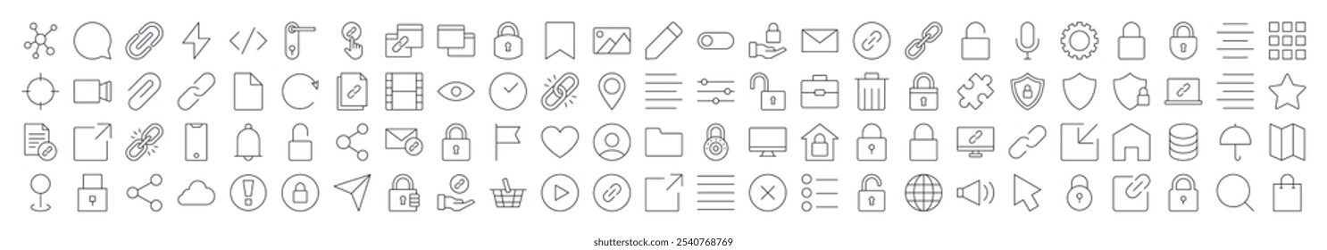 Collection of Interface Related Line Icons. Editable Stroke for Design, Web Sites, Apps, Cards. Contains Linear Images of Share, Coding, Like, Bookmark, Menu