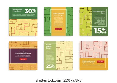 Collection interior design course internet poster landing page vector illustration. Set remotely educational designer school learning space planning, room designs, online invitation, indoor organizing