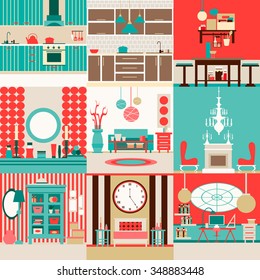 Collection of interior design made in line vector style. Template for business card, flayer and banner