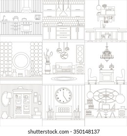Collection of interior design made in line vector style. Template for business card, flayer and banner