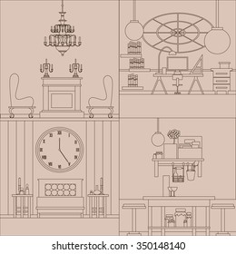 Collection of interior design made in line vector style. Template for business card, flayer and banner