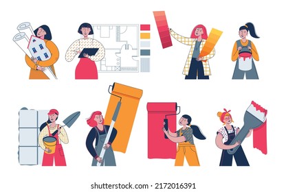 Collection of interior designer, decorator, painter, tiler isolated on white. Set of various smiling home masters and repairmans. Women repairers. Vector flat illustration.