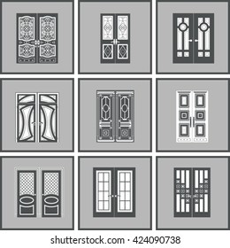 Collection of interior double doors isolated on gray background