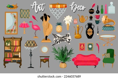 A collection of interior elements in art deco style. Art Nouveau style. Zebra skin, sofa, armchair and vintage mirrors. Gold dishes and carafes made of colored glass. Fashion style stickers.