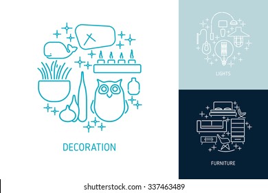 Collection of Interior elements.Round logos.Modern Furniture,Decoration,Lights.Template for design Background,Cards,Website,Cover,Invitation.Loft,Moder,Vintage style.Vector illustration.Isolated