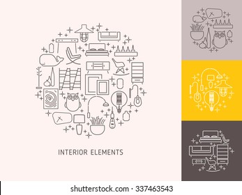 Collection of Interior elements.Round logos.Modern Furniture,Decoration,Lights.Template for design Background,Cards,Website,Cover,Invitation.Loft,Moder,Vintage style.Vector illustration.Isolated