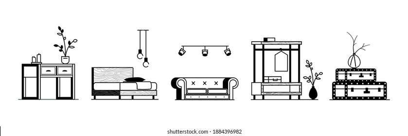 Collection of interior items. Black on white minimalistic furniture in a front view arranged in a row. Vector stock illustration isolated on white background.