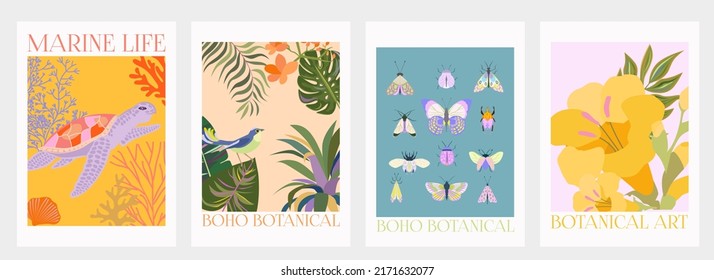 Collection interior modern posters and summer scene  Tropical plant   marine life   insects  Editable Vector Illustration 