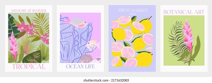 Colección de afiches modernos interiores con escena veraniega. Plantas tropicales y fruta exótica, vida marina. Ilustración de vectores editable.