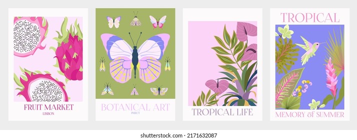 Collection of interior modern posters with summer scene. Tropical plant and exotic fruit and insects. Editable Vector Illustration.