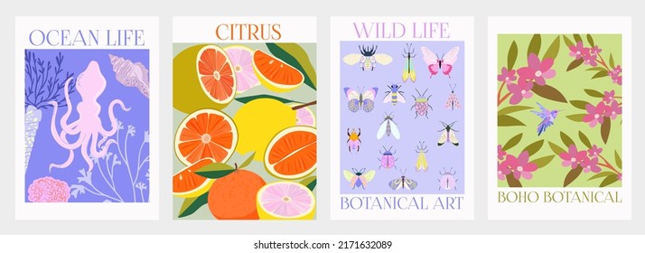 Collection of interior modern posters with summer scene. Tropical plant and exotic fruit, marine life and insects. Editable Vector Illustration.