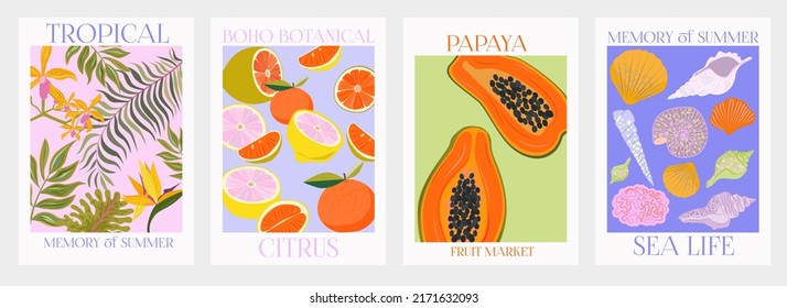 Collection of interior modern posters with summer scene. Tropical plant and exotic fruit, marine life. Editable Vector Illustration.