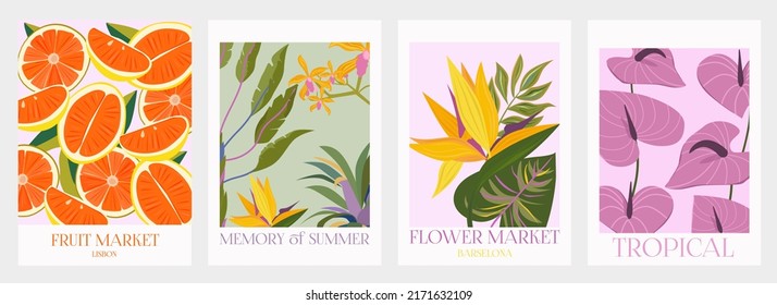 Collection of interior modern posters with summer scene. Tropical plant and exotic fruit. Editable Vector Illustration.