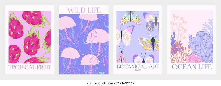 Collection of interior modern posters with summer scene. Tropical exotic fruit, marine life and insects. Editable Vector Illustration.