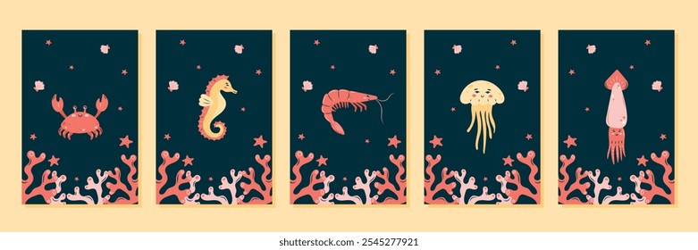 Collection of interior posters with marine animals on dark background. Character in children's style. vector illustration.