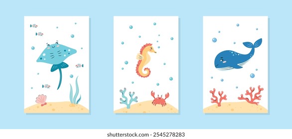 Collection of interior posters with marine animals on white background. Stingray, seahorse and whale. Character in children's style. vector illustration.