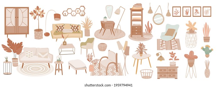 Collection of interiors with stylish comfy furniture and home decorations, armchair, home plants. Boho and hygge decoration for interiors in isolated background. Set of vector objects in muted color