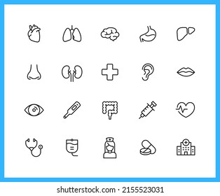 Collection Of Internal Medicine Department Linear Icons. Set Of Human Organ, Medical, Hospital Symbols Drawn With Thin Contour Lines. Vector Illustration.