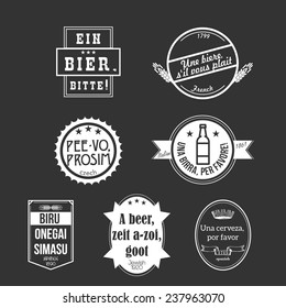 Collection of international beer labels on the subject: How to order beer around the world. How to say: "A BEER, PLEASE" in German, French, Czech, Italian, Japanese, Jewish, Spanish languages. 