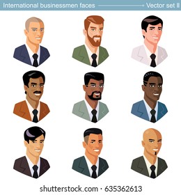 Collection of International businessmen avatars. All of faces corresponds to the male appearance of different nations or skin colors. Character icons in the form of bust with a business coat and tie.
