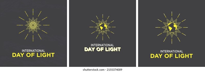 Collection of International Day of Light Template. Vector Illustration of geographic sun, sunlight and earth with typography. Isolated on dark background. Editable. Linear and modern design.