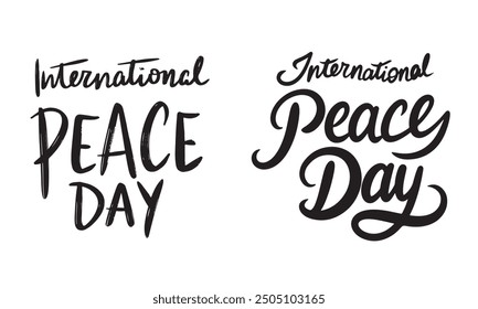 Collection of International Peace Day text lettering. Hand drawn vector art.