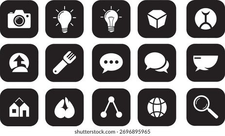 Coleção de ícones relacionados com Internet, comunicação e tecnologia. Contém ícones como câmera, lâmpada, mensagem, página inicial e lupa. Ilustração vetorial.