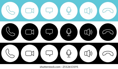 Coleção de botões de conversa na Internet. Botões de chamada de vídeo definidos. Um conjunto de elementos de comunicação de vídeo. Ilustração vetorial isolada no plano de fundo com várias cores.