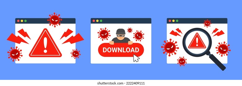 Sammlung von Internet-Drohungs-Symbolen. Webbrowser-Fenster mit Viruserkennung. Cybersicherheit oder Antivirenkonzept. Malware, Betrug, Cyberkriminalität und Hacker. Gefährliche Website. Flache Vektorgrafik. 