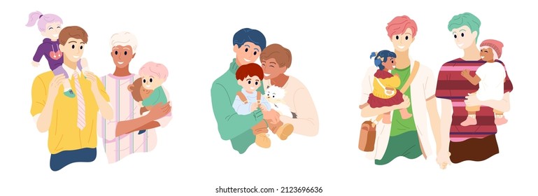 Collection of interracial gay families with children and pets. Set of happy young mans couples with different skin color. Lgbt marriage. Love and relationship. Vector isolated illustration